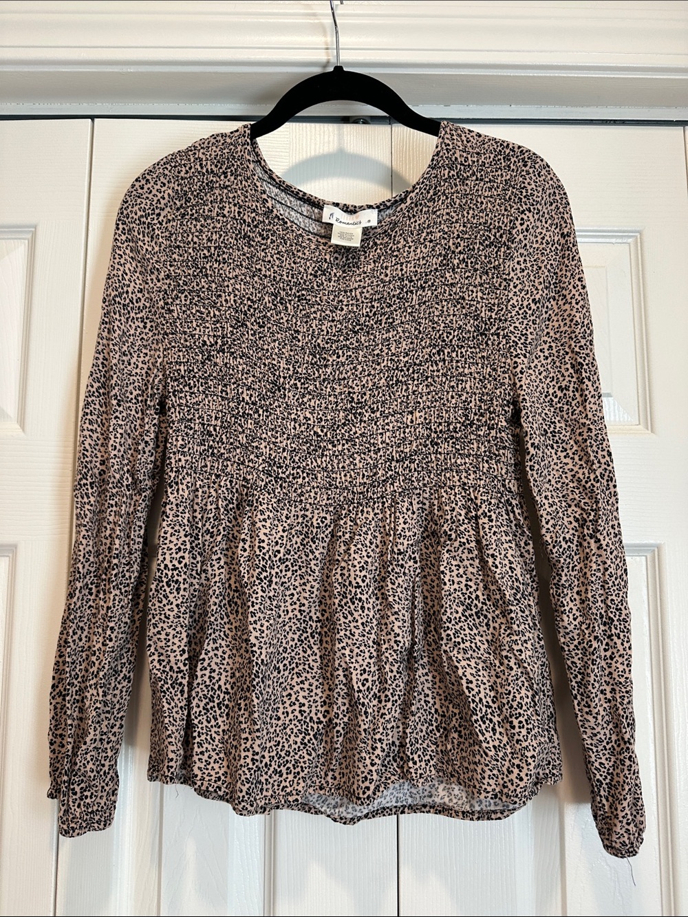 Women's Smocked Leopard Print Long Sleeve Top - Pink/Black